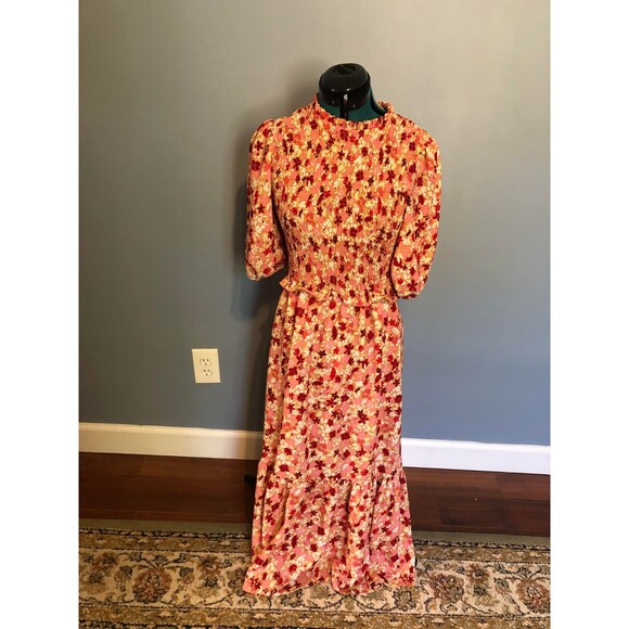 Nanette Lepore Smocked Floral Printed Red + Pink Midi Dress, size 10 - Picture 5 of 6